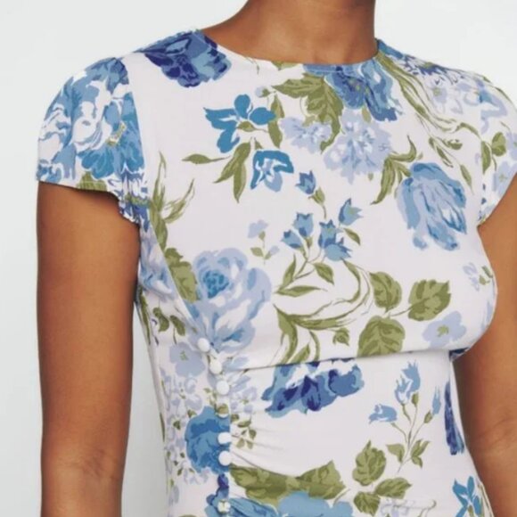 Reformation Blue Floral Crepe Frasier Dress in Lucca - Picture 2 of 9